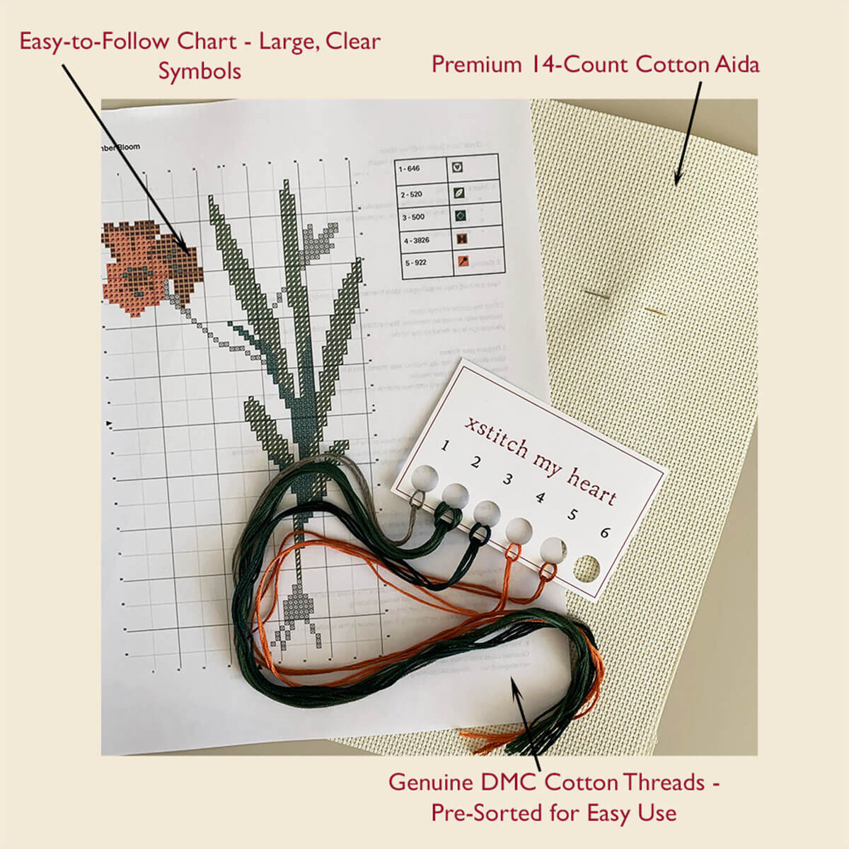 Amber Bloom Counted Cross Stitch Kit - Vintage Botanical Design