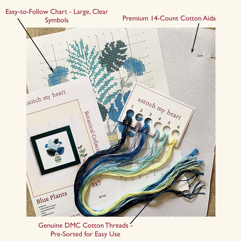 Blue Plants Counted Cross Stitch Kit - Modern Beginner-Friendly Botanical Design