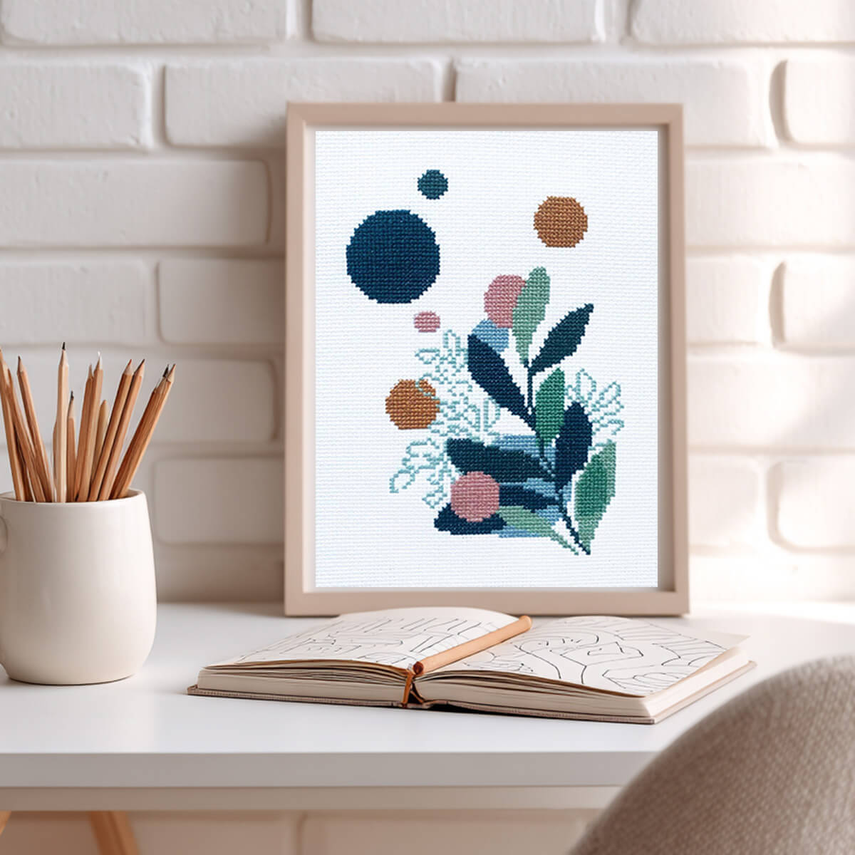 Boho Leaves Counted Cross Stitch Kit - Modern Abstract Botanical Design
