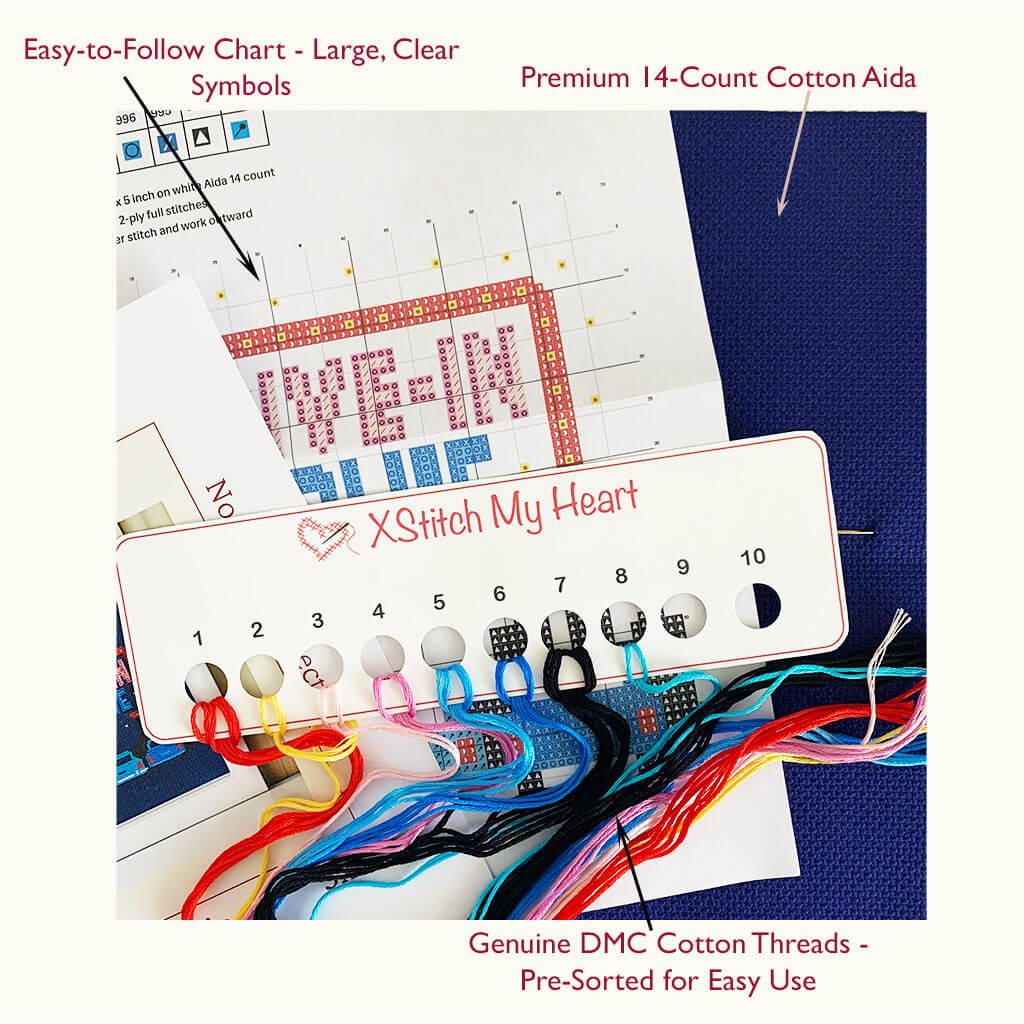 Complete Drive-In Movie cross stitch kit content with DMC threads, 14-count Aida, printed chart, and thread organizer by XStitch My Heart.