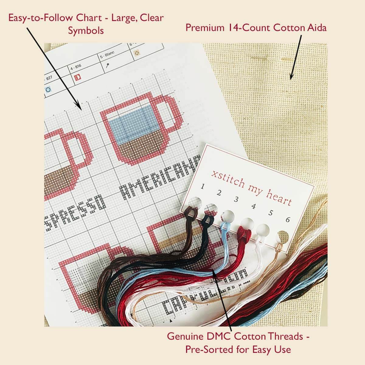 Complete Favorite Coffee cross stitch kit with DMC threads, 14-count Aida, printed chart, and thread organizer by XStitch My Heart.
