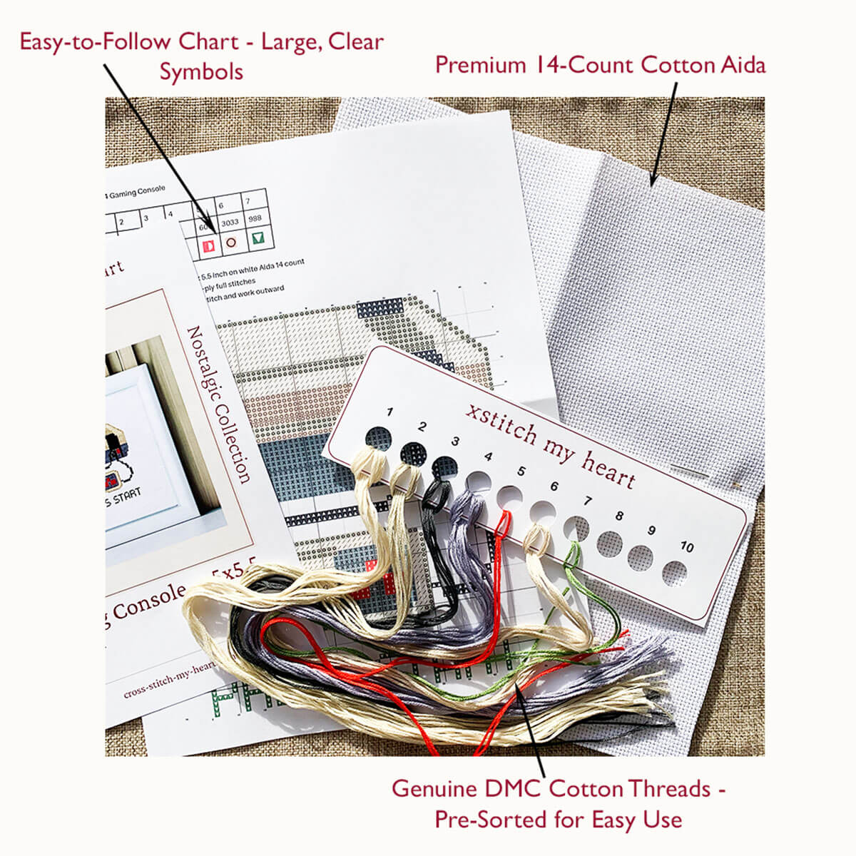 Complete Gaming Console cross stitch kit with DMC threads, 14-count white Aida, printed chart, a needle and thread organizer by XStitch My Heart.
