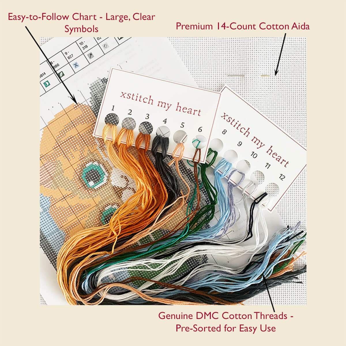 Complete Ginger Working cross stitch kit content with DMC threads, 14-count Aida, printed chart, and thread organizer by XStitch My Heart.