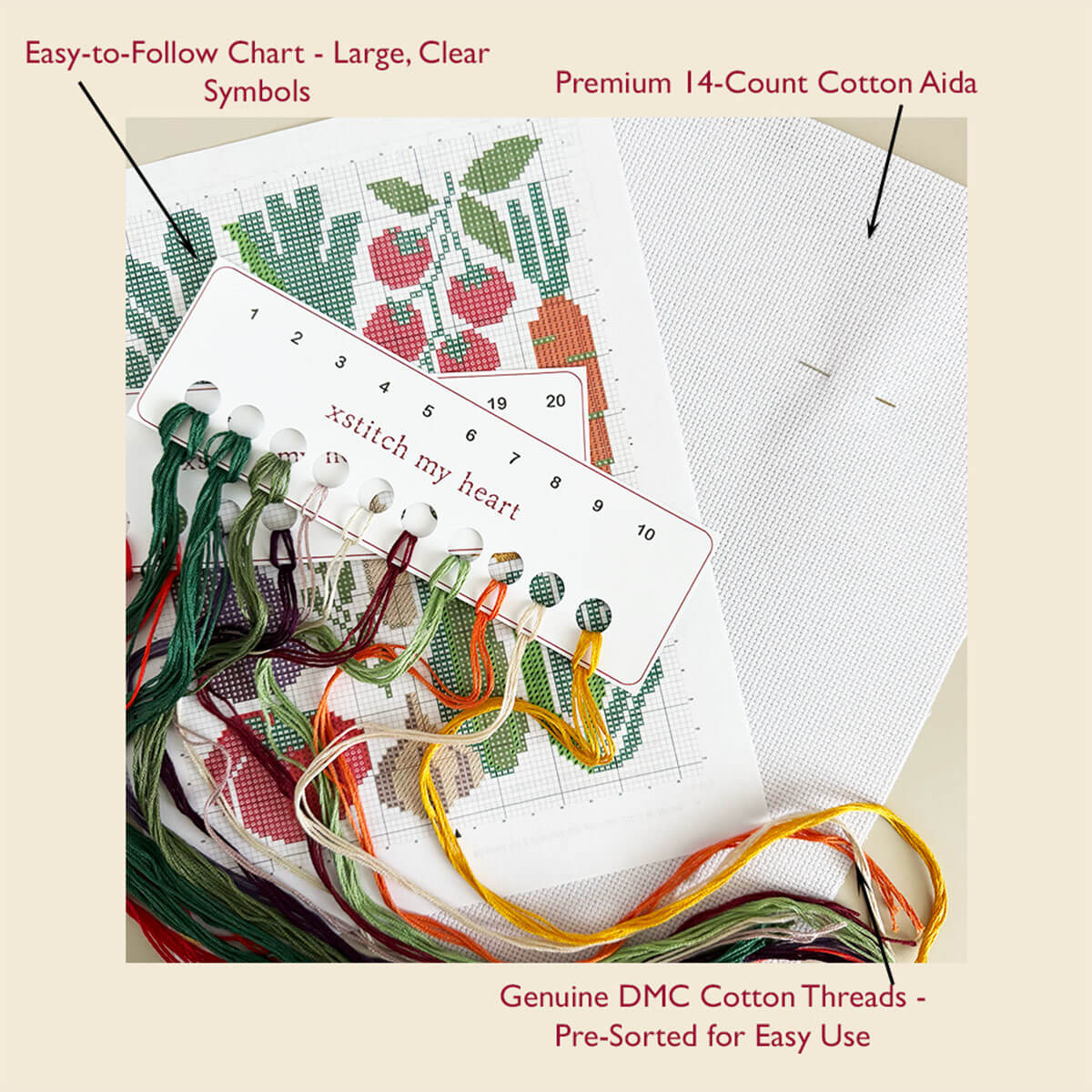 Complete Vegetables Poster cross stitch kit with DMC threads, 14-count Aida, printed chart, and thread organizer by XStitch My Heart.