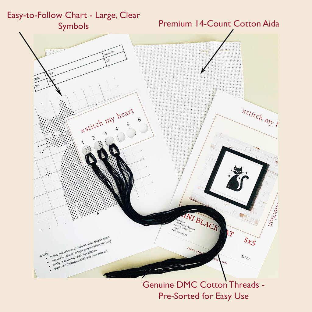 Mini Black Cat - Chic & Easy Graphic Modern Counted Cross Stitch Kit for Beginners