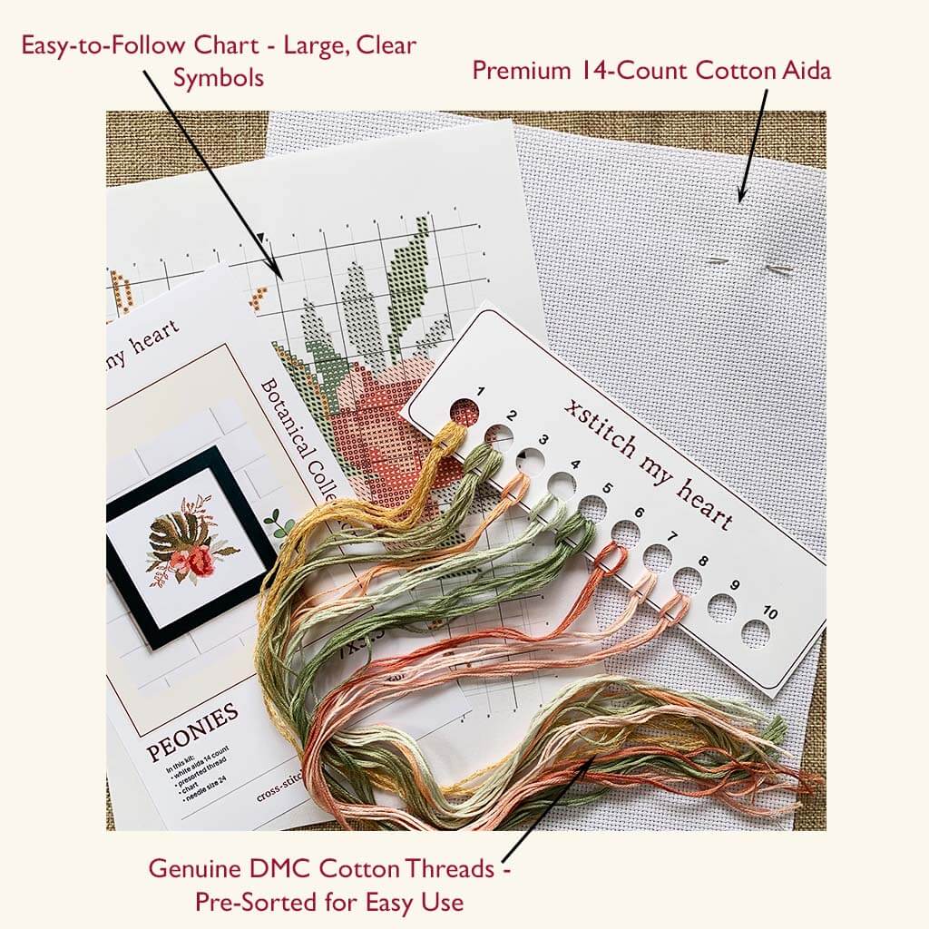 Peonies Counted Cross Stitch Kit - Elegant Beginner-Friendly Floral Design