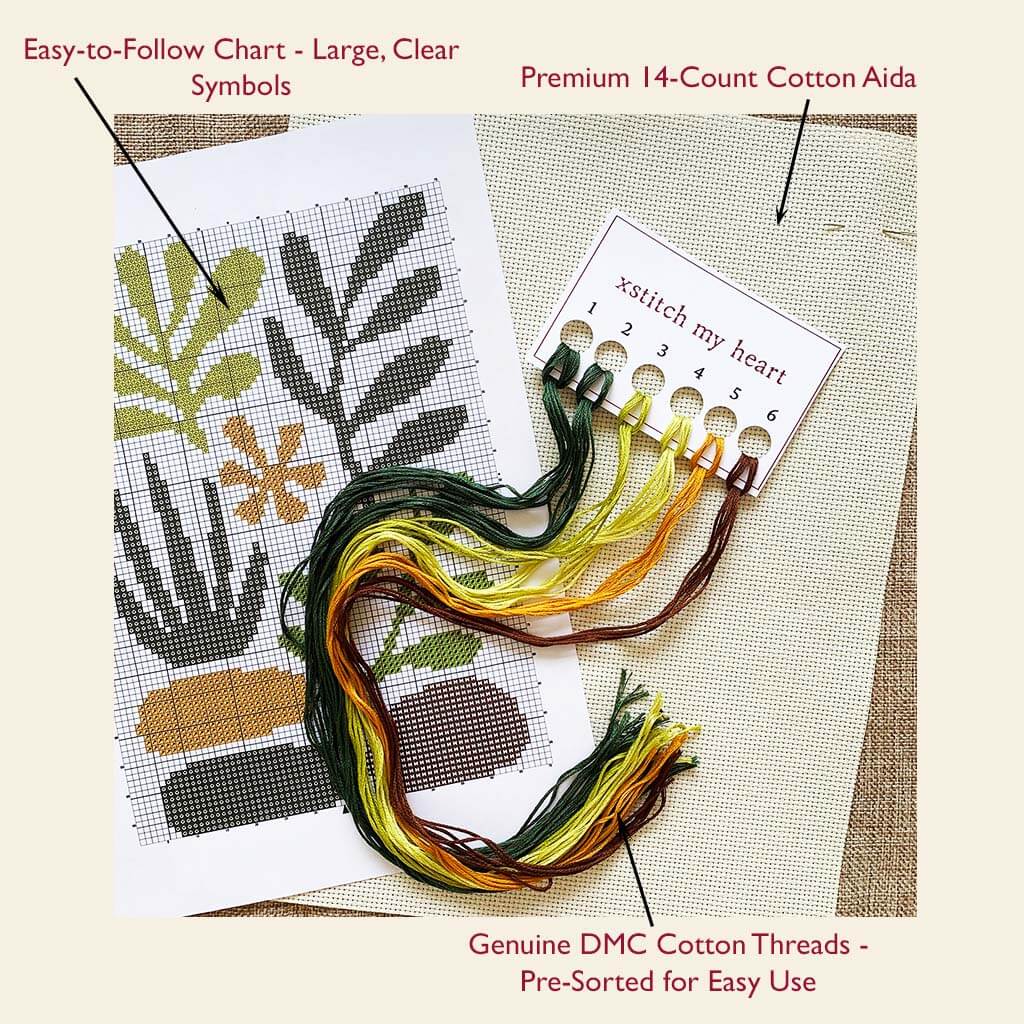 Plants and Stones Counted Cross Stitch Kit - Minimalistic Botanical Design