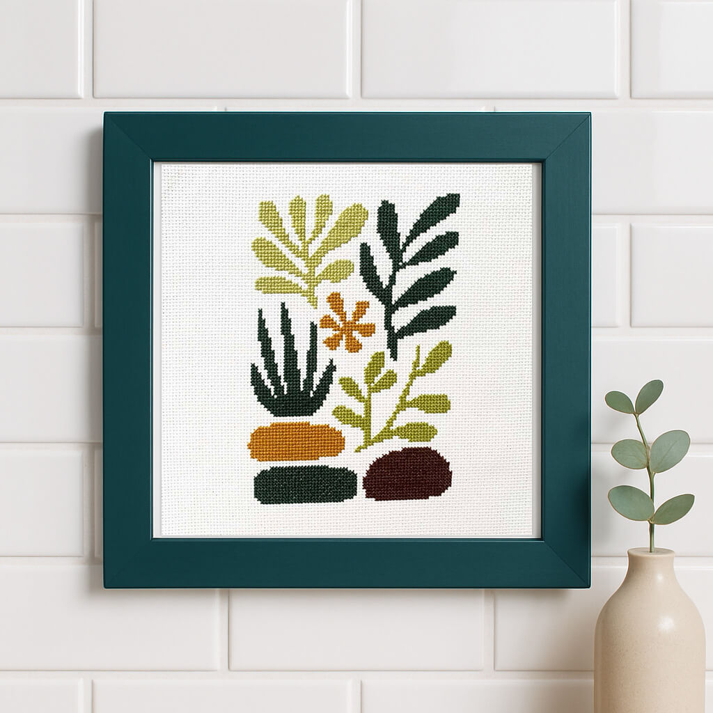 Plants and Stones Counted Cross Stitch Kit - Minimalistic Botanical Design