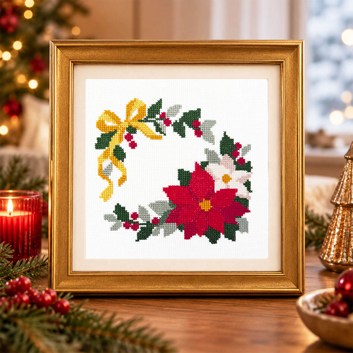 A framed cross-stitch artwork featuring a festive wreath with a yellow bow, red and cream poinsettias and green holly leaves, displayed on a wooden surface with holiday decorations in a warm indoor setting.