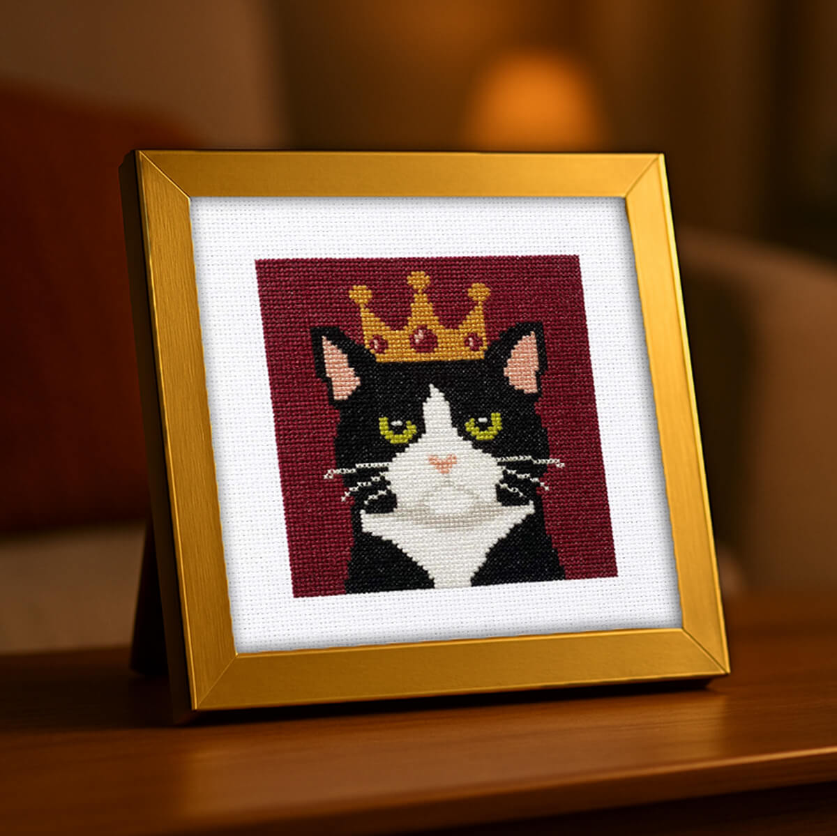 Framed cross-stitched picture of a cat with a crown on a wooden surface.