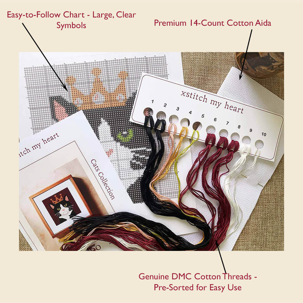 Complete Royal Tuxedo cross stitch kit content with DMC threads, 14-count Aida, printed chart, and thread organizer by XStitch My Heart.