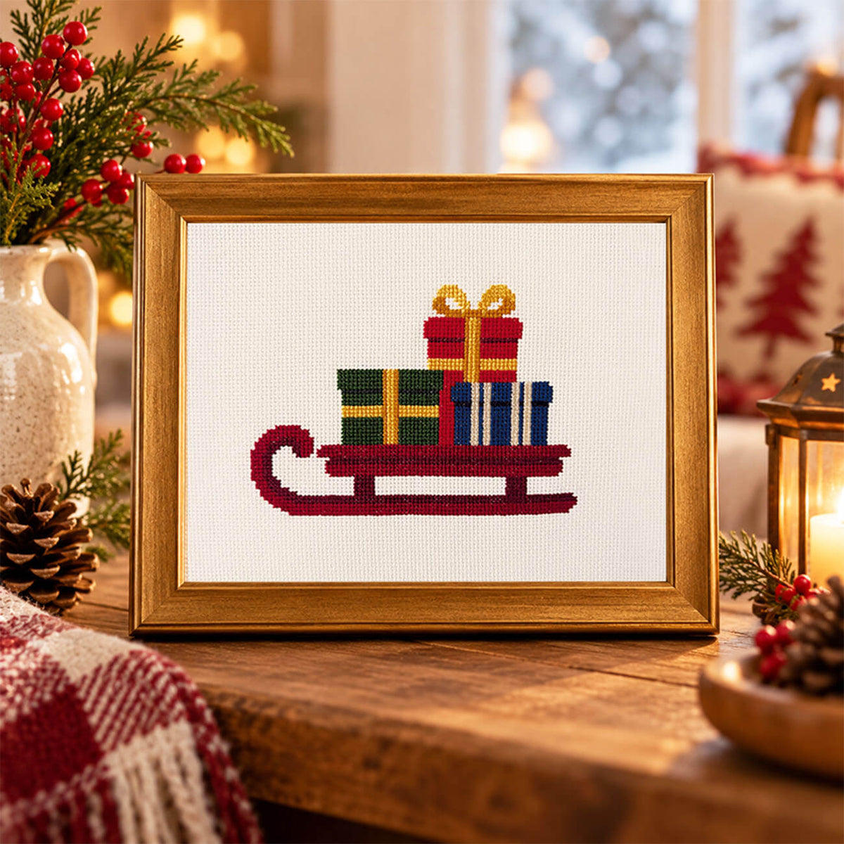 A framed Christmas cross-stitch piece depicting a red sledding with colorful wrapped gifts, displayed on a wooden table in a cozy holiday setting with pinecones, a lantern, and evergreen branches.