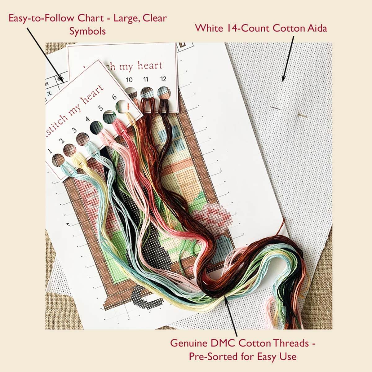 Complete Spring Cat cross stitch kit content with DMC threads, 14-count Aida, printed chart, and thread organizer by XStitch My Heart