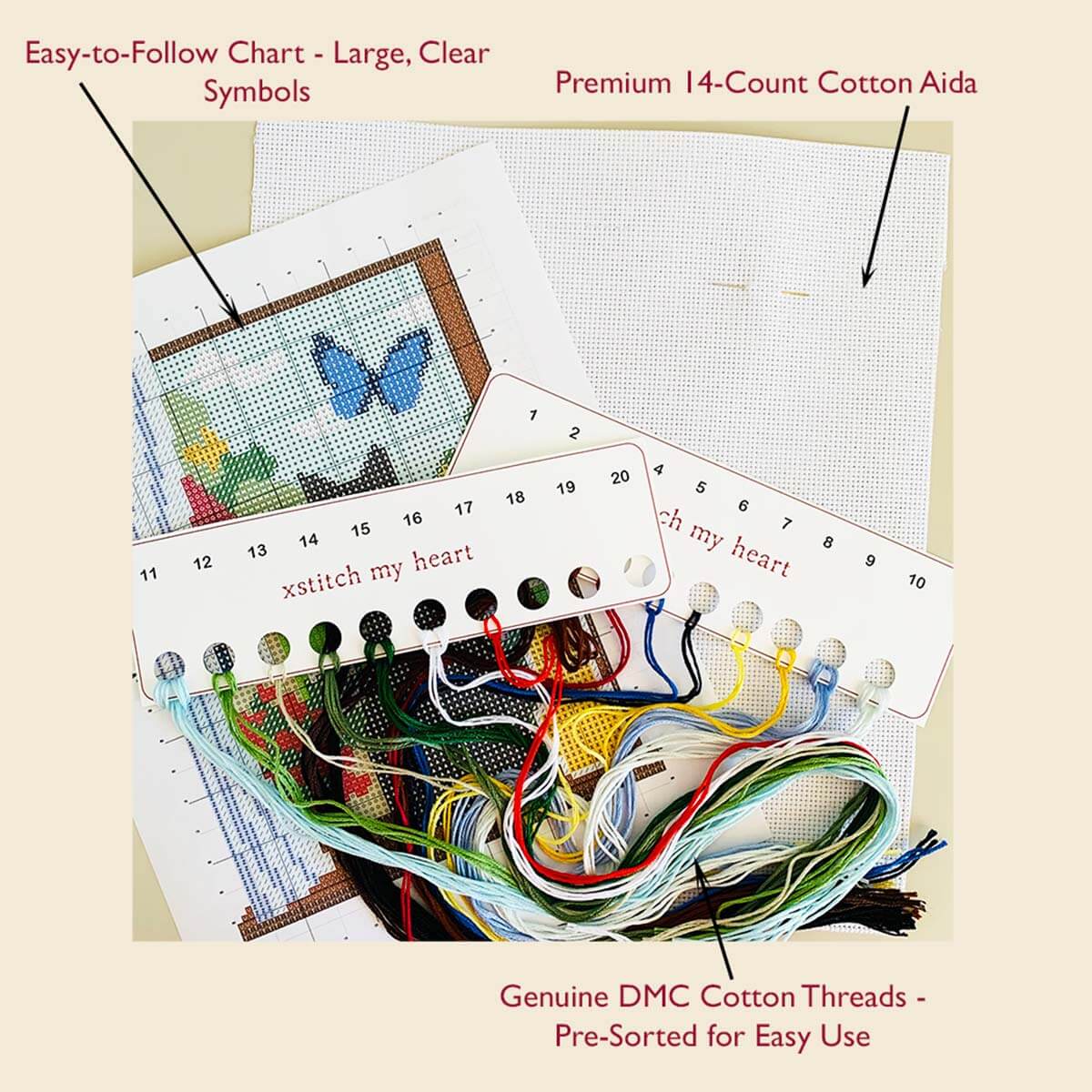 Complete Summer Cat cross stitch kit content with DMC threads, 14-count Aida, printed chart, and thread organizer by XStitch My Heart.