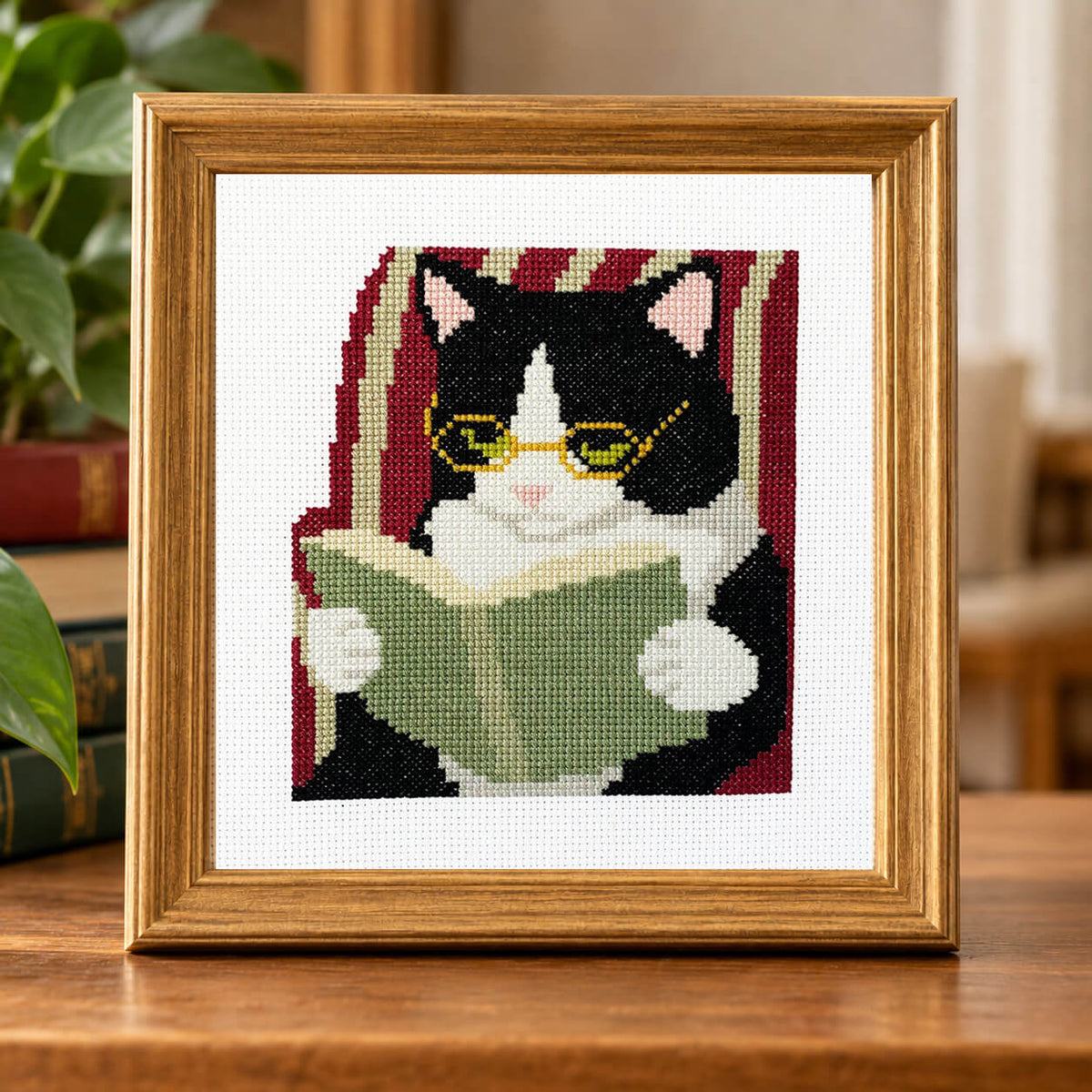A framed cross-stitch artwork of a black-and-white tuxedo cat reading a green book, displayed on a wooden shelf in a cozy room setting houseplants in the background.