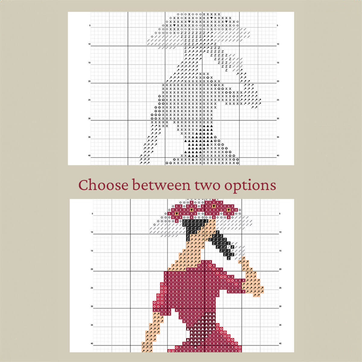 Two cross-stitch patterns of a woman with a hat on a beige background.