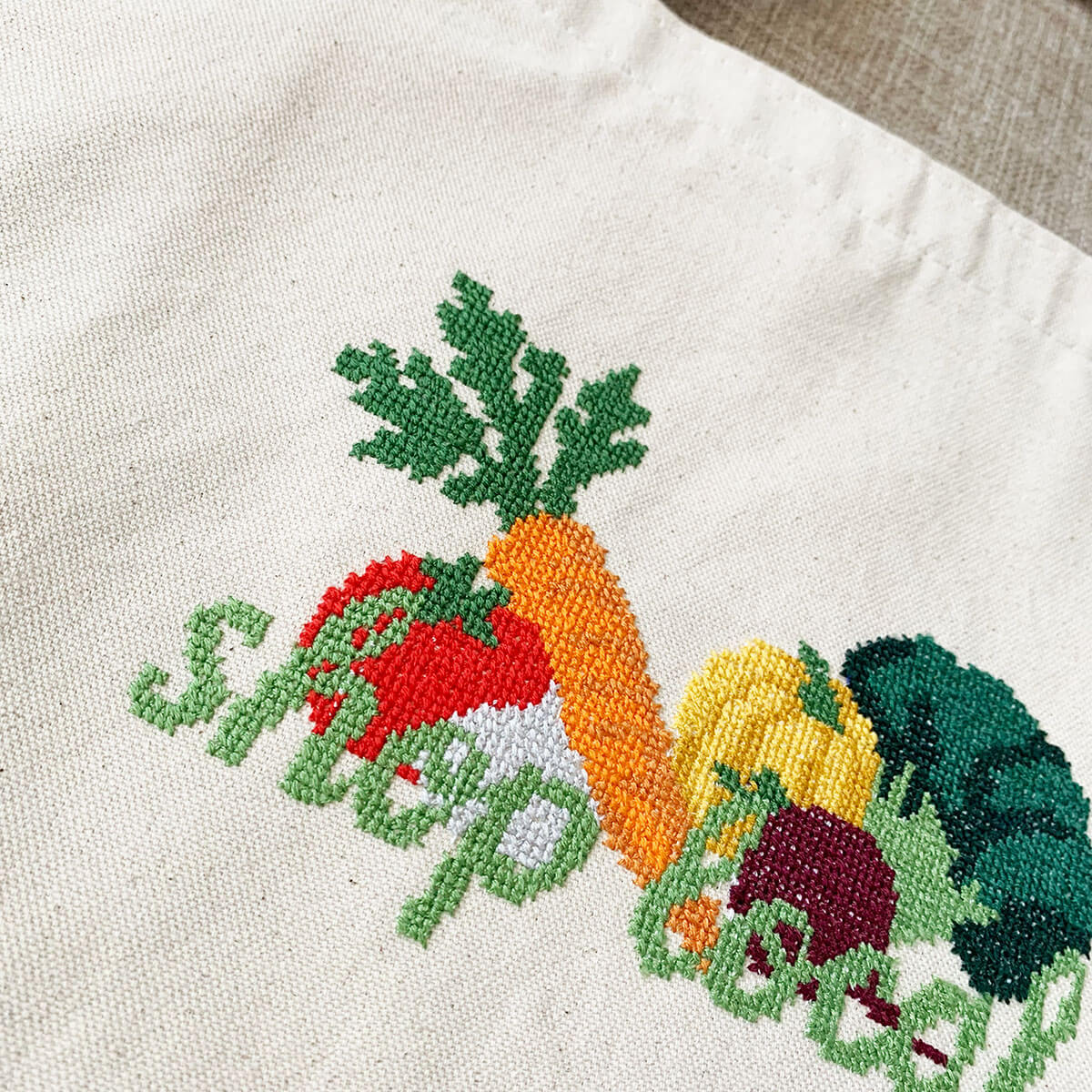 Embroidered vegetables on a tote bag