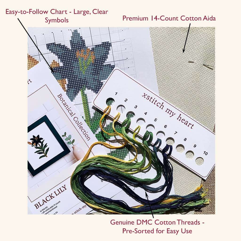 Black Lily Counted Cross Stitch Kit - Vintage Floral Design