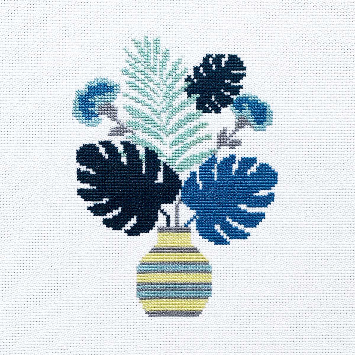 Blue Plants Counted Cross Stitch Kit - Modern Beginner-Friendly  Botanical Design