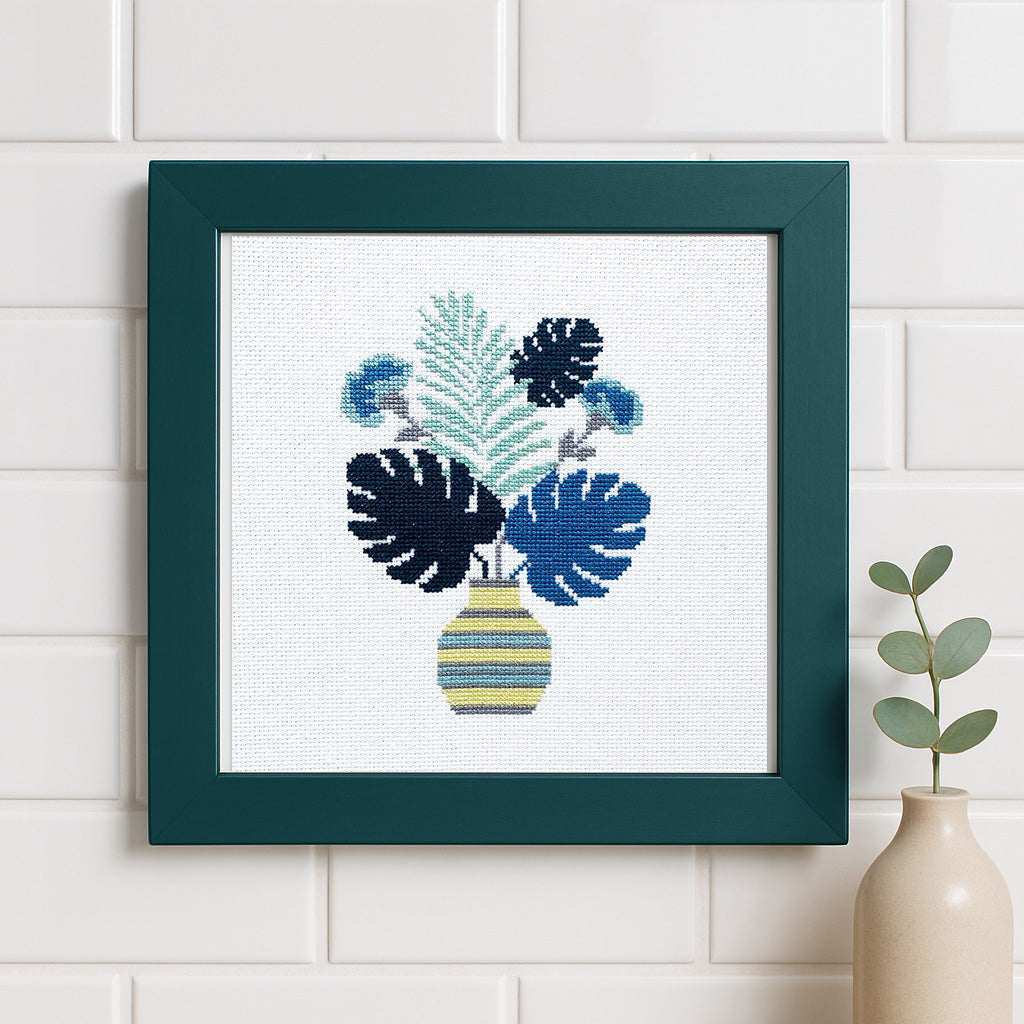 Blue Plants Counted Cross Stitch Kit - Modern Beginner-Friendly  Botanical Design