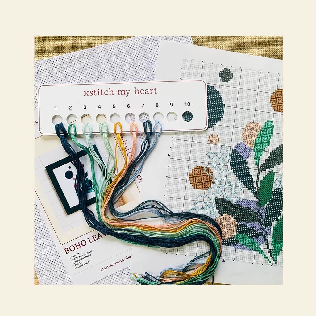Boho Leaves Counted Cross Stitch Kit - Modern Abstract Botanical Design