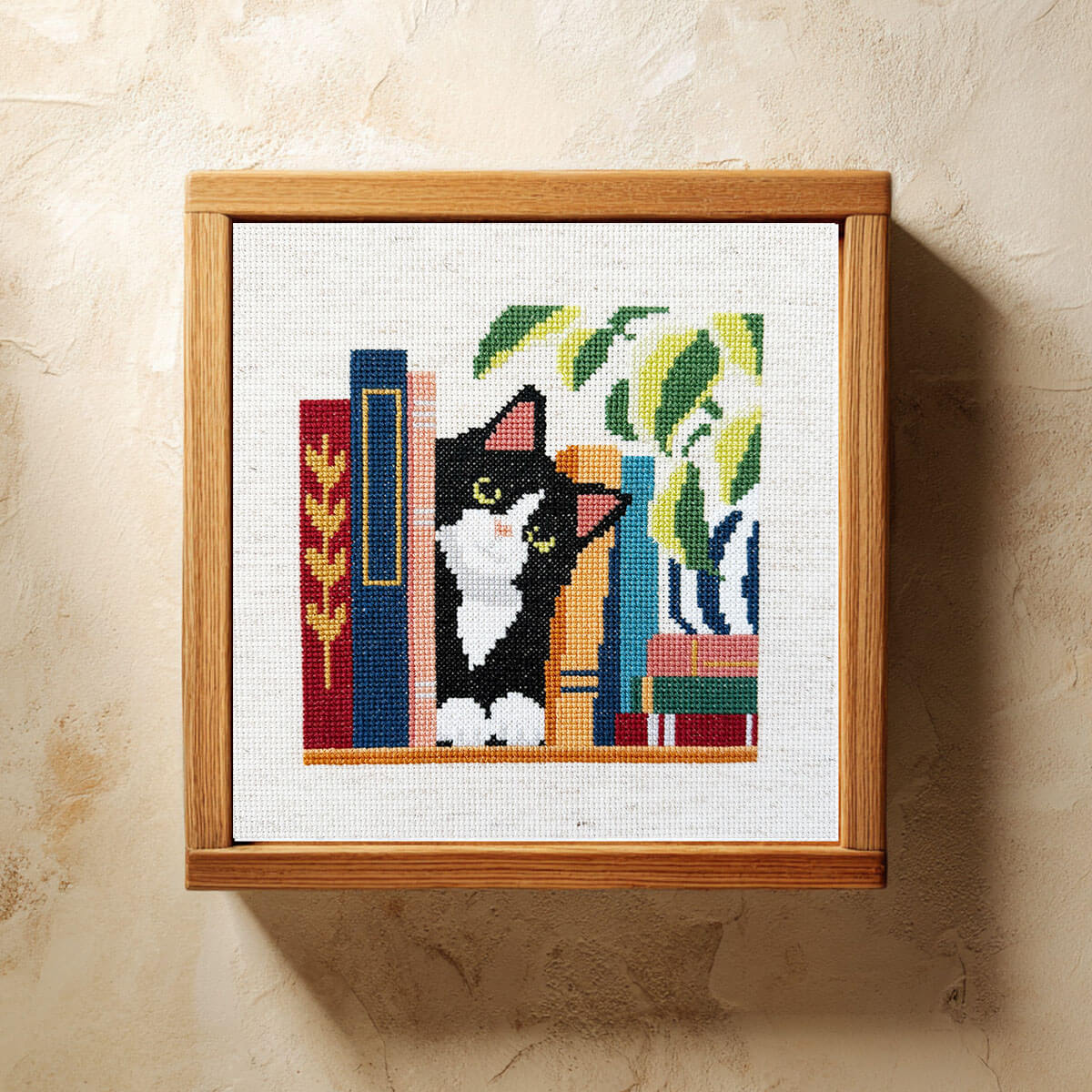 Bookshelf Tuxedo Cat Counted Cross Stitch Kit
