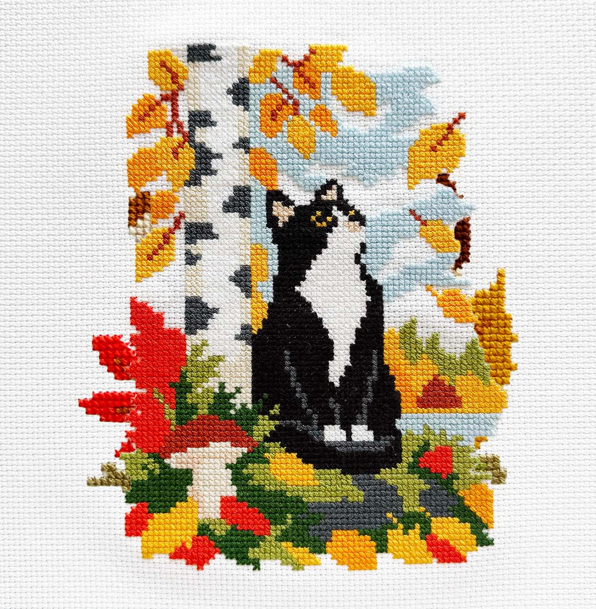 A finished cross-stitch  design featuring a black and white cat sitting in front of a birch tree with autumn leaves in yellow, red, and green.