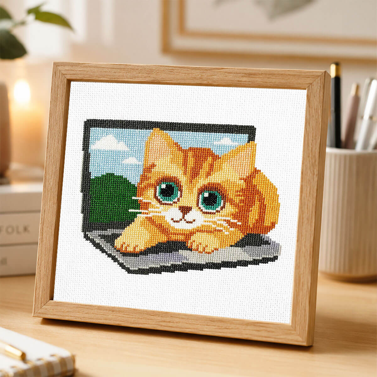 Framed cross-stitched design of a tabby cat on a laptop on white fabric.