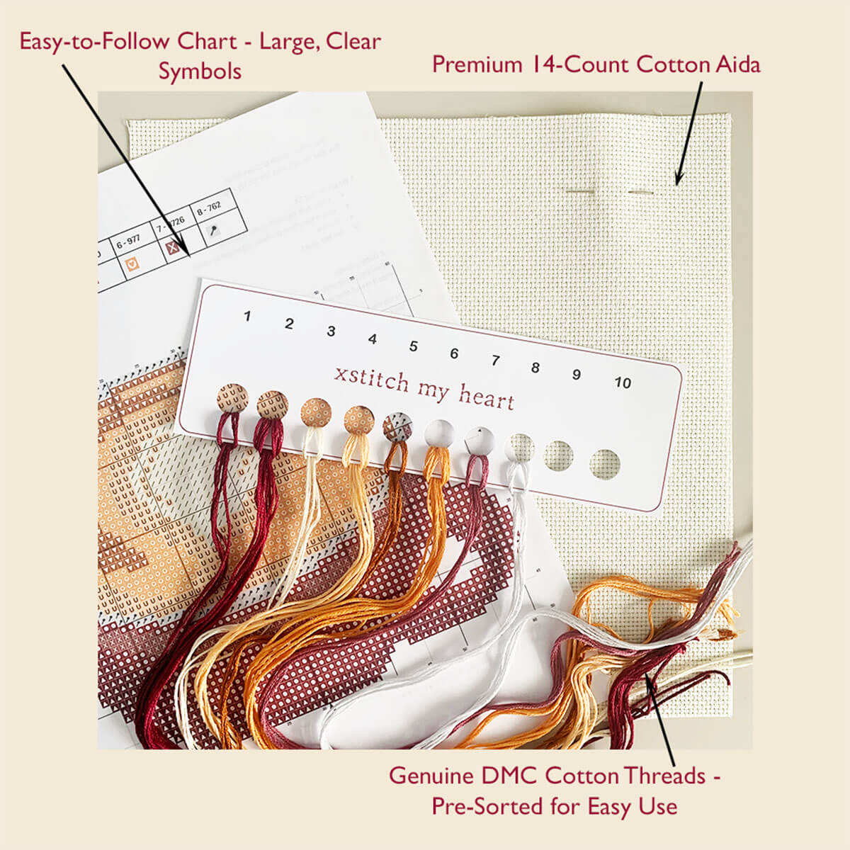 Complete Latte with Love cross stitch kit content with DMC threads, 14-count Aida, printed chart, and thread organizer by XStitch My Heart.