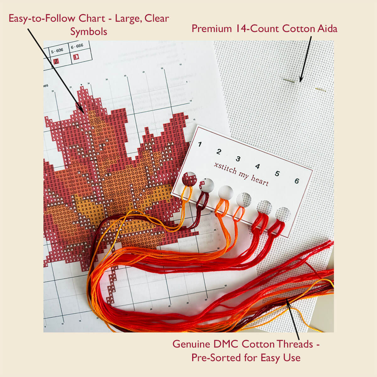 Complete Maple Leaf cross stitch kit content with DMC threads, 14-count Aida, printed chart, and thread organizer by XStitch My Heart.