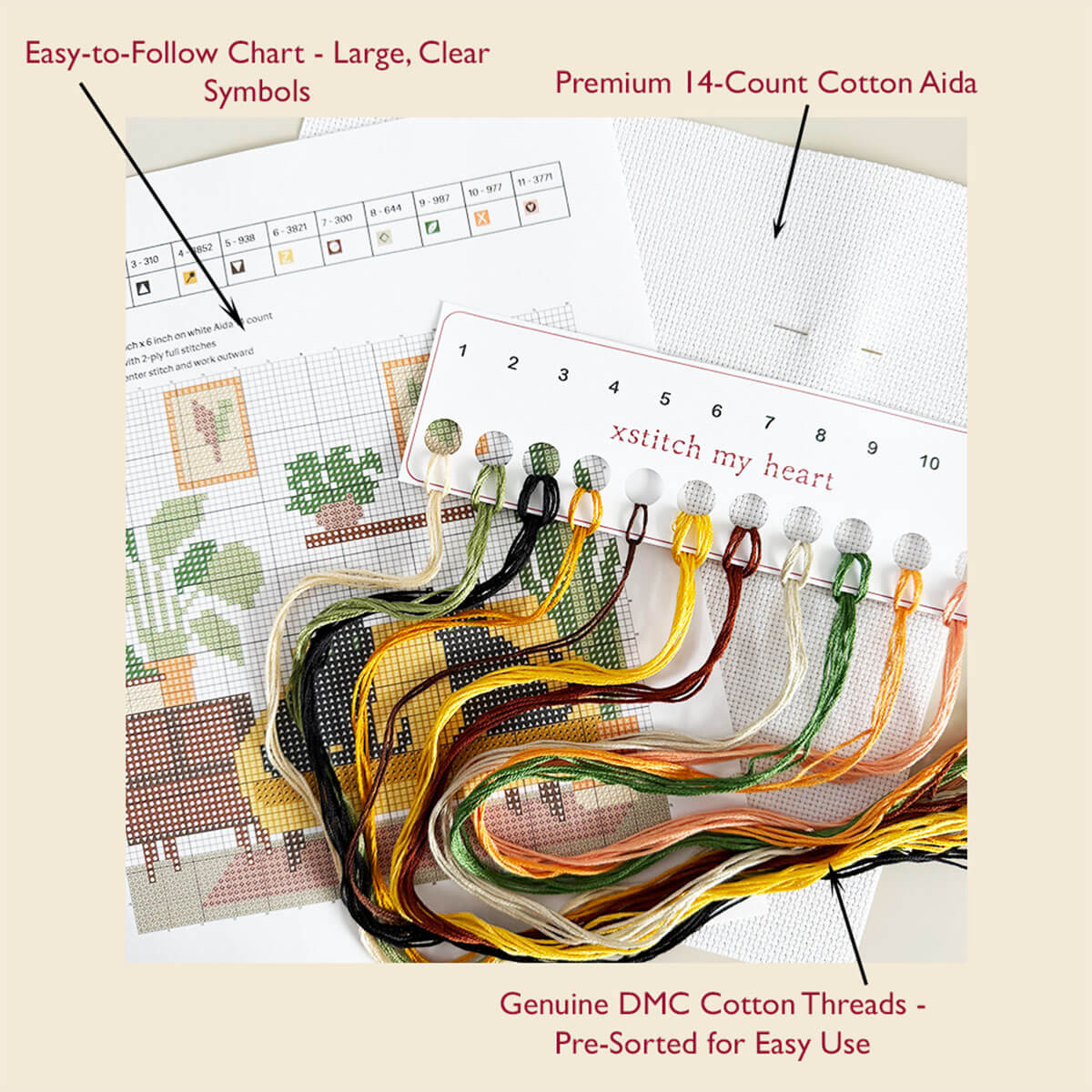 Complete Mid-century Cats cross stitch kit content with DMC threads, 14-count Aida, printed chart, and thread organizer by XStitch My Heart.