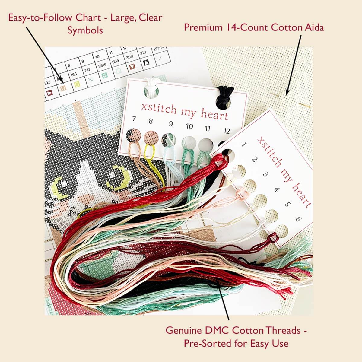 Complete Morning Tuxedo cross stitch kit content with DMC threads, 14-count Aida, printed chart, and thread organizer by XStitch My Heart.