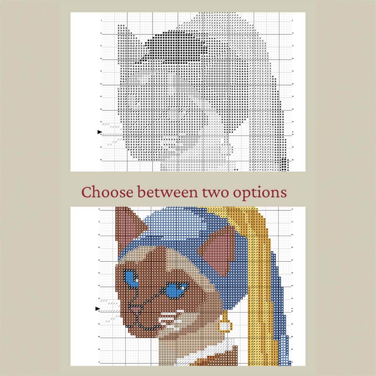 Cross stitch chart for Pearl Diva Cat showing both color blocks and symbols only chart options.