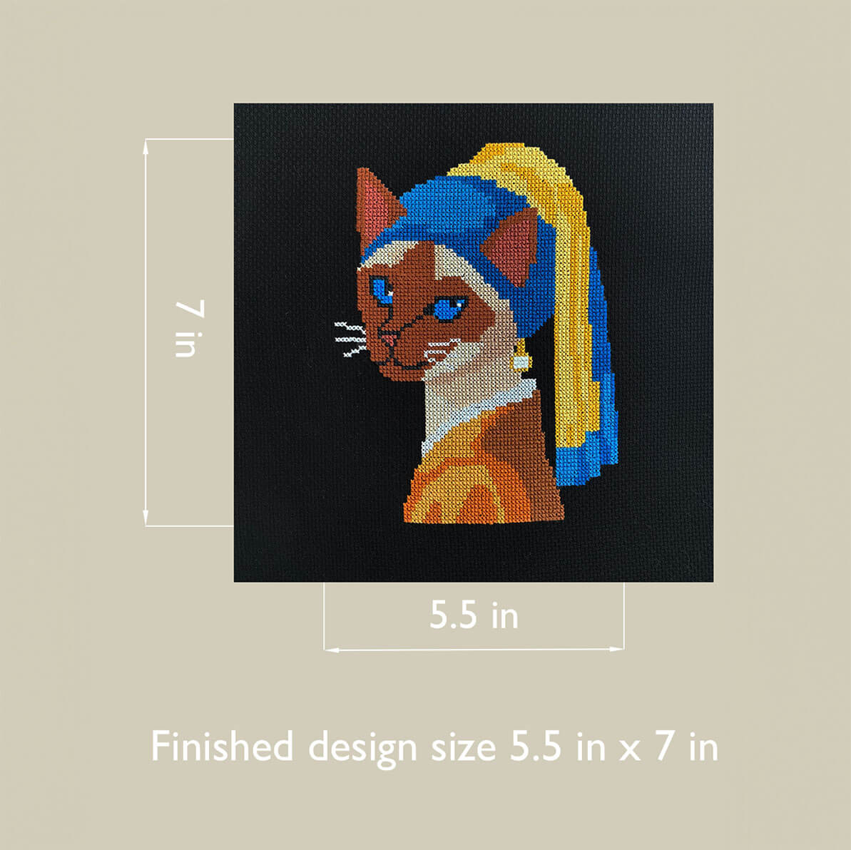 Pearl Diva Cat cross stitch finished size diagram, 5.5 by 7 inches.