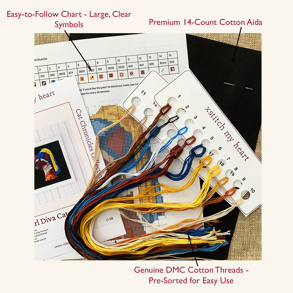 Complete Pearl Diva Cat cross stitch kit with DMC threads, 14-count black Aida, printed chart, a needle and thread organizer by XStitch My Heart.