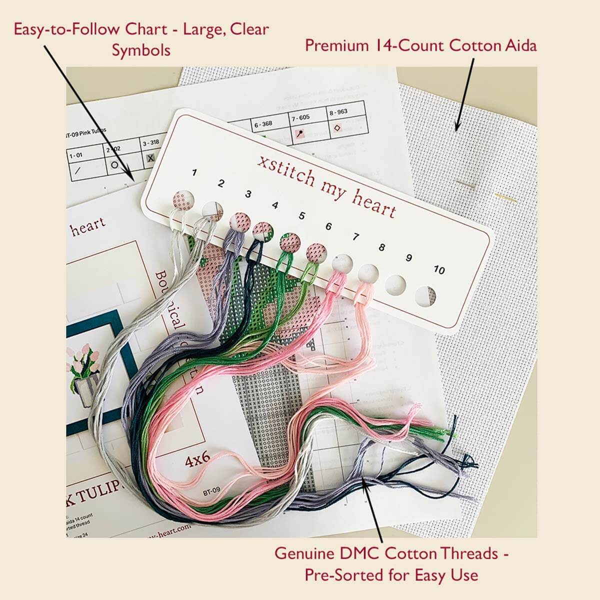 Complete Pink Tulips cross stitch kit content with DMC threads, 14-count Aida, printed chart, and thread organizer by XStitch My Heart.