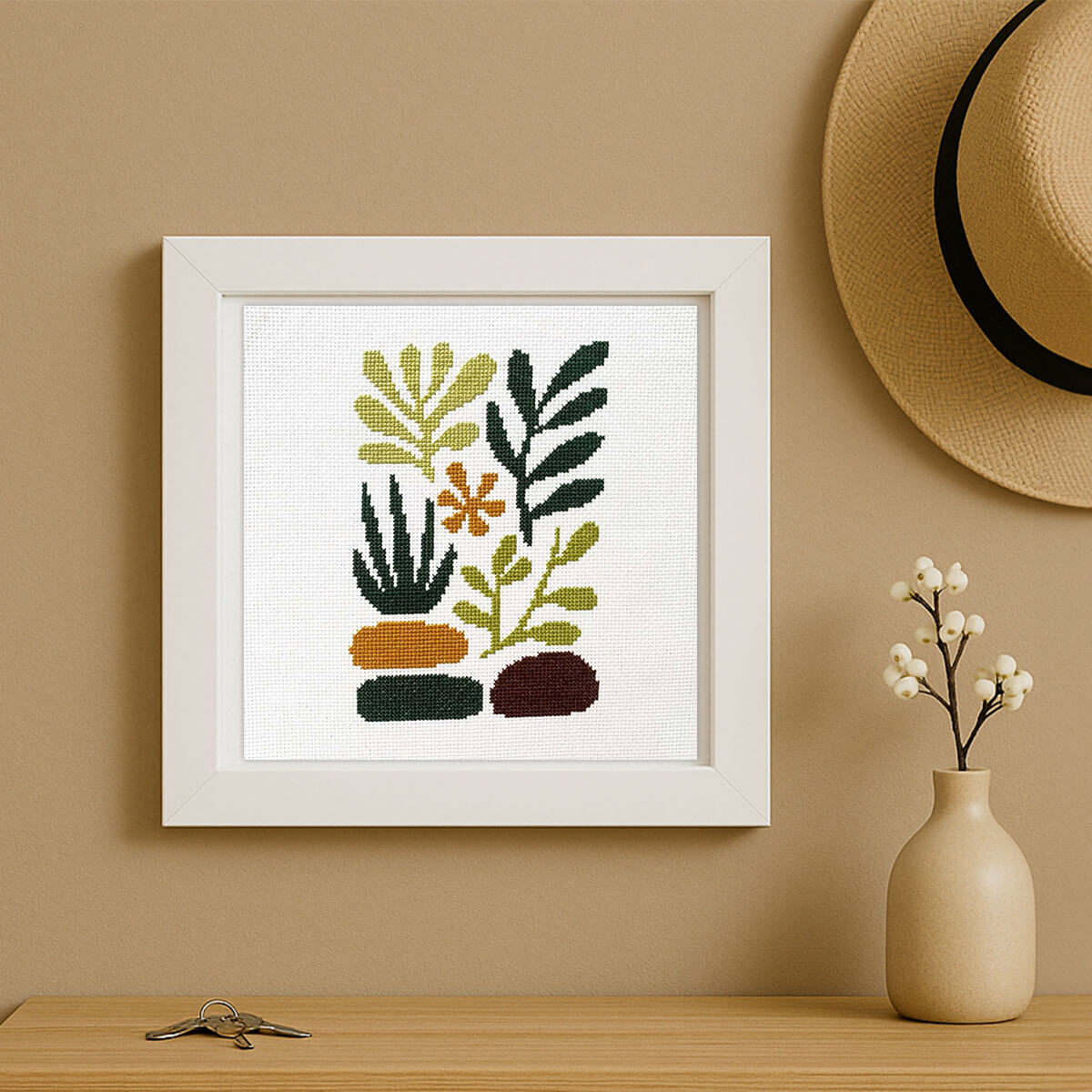 Plants and Stones Cross Stitch Kit - Minimalistic Botanical Design