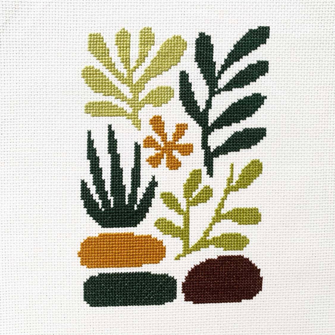 Plants and Stones Cross Stitch Kit - Minimalistic Botanical Design