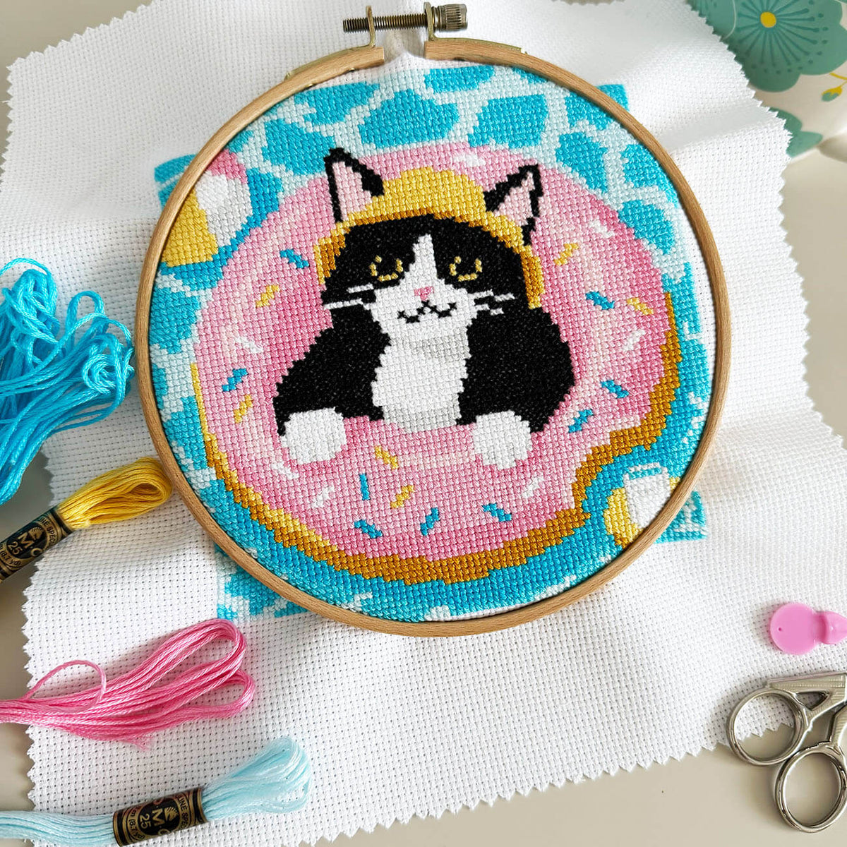 Pool Day Tuxedo Cat Cross Stitch Kit