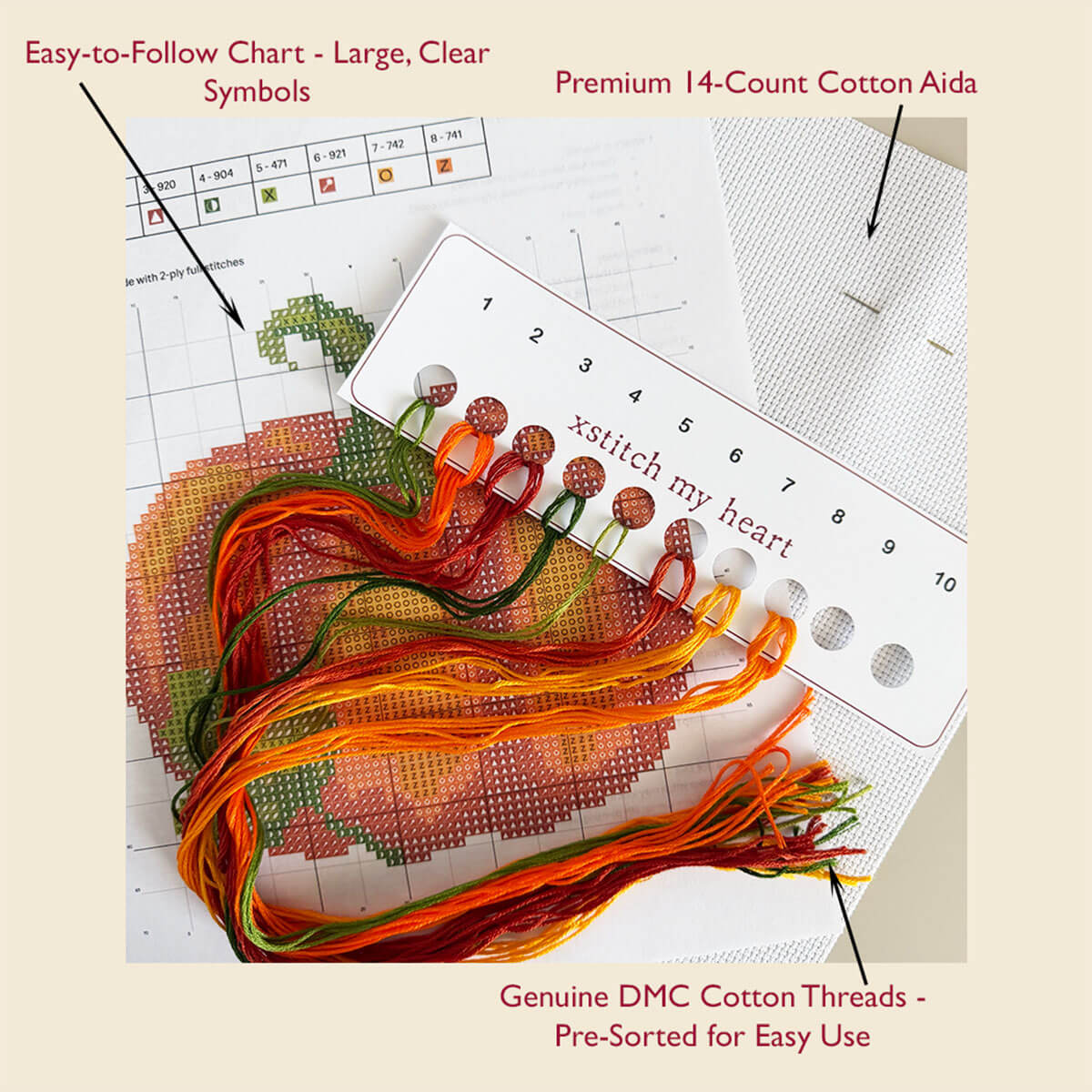 Complete Pumpkin cross stitch kit content with DMC threads, 14-count Aida, printed chart, and thread organizer by XStitch My Heart.