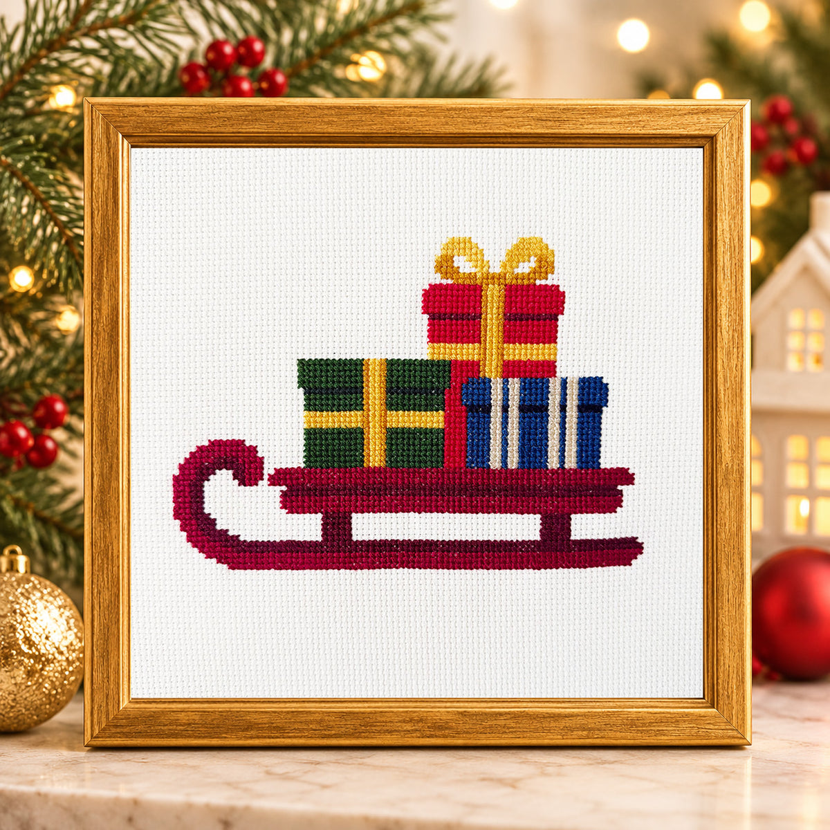 A framed cross-stitch artwork featuring a red sledding with colorful Christmas presents, displayed in a wooden frame on a marble surface with festive holiday decorations in the background.